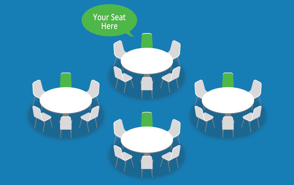 four round tables with chairs and text "Your seat here"
