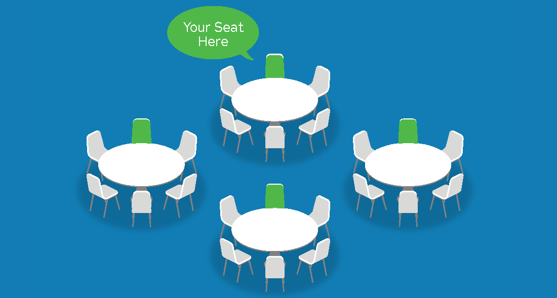 four white tables with chairs on blue background