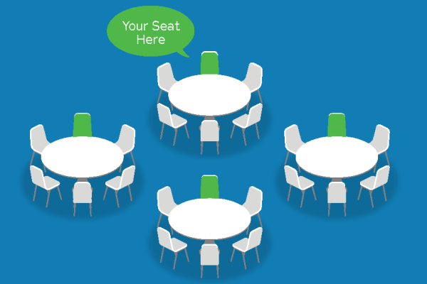 four white tables with chairs on blue background